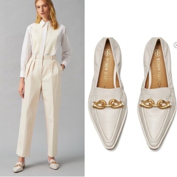 TORY BURCH Jessa~LEATHER LOAFERS SHOES w/ GOLD CHAIN DETAIL LIGHT GRAY SIZE 8M - Picture 1 of 8